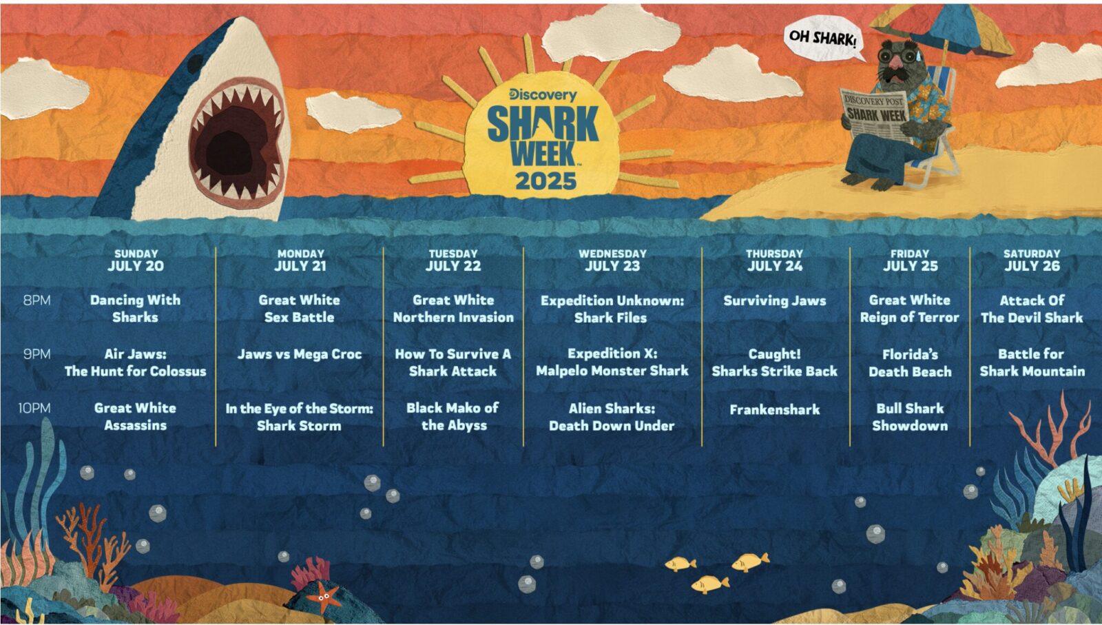 Illustrated Shark Week 2025 schedule poster with dates, show titles, and underwater theme